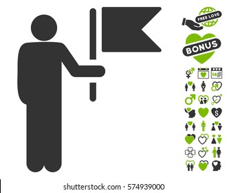 Commander With Flag pictograph with bonus valentine clip art. Vector illustration style is flat iconic eco green and gray symbols on white background.