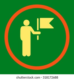 Commander with Flag vector icon. This rounded flat symbol is drawn with orange and yellow colors on a green background.