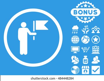 Commander icon with bonus elements. Vector illustration style is flat iconic symbols, white color, blue background.