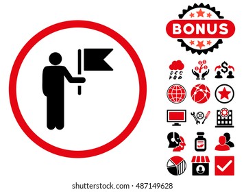 Commander icon with bonus elements. Vector illustration style is flat iconic bicolor symbols, intensive red and black colors, white background.