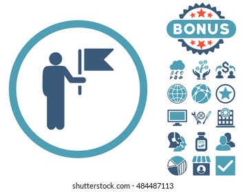 Commander icon with bonus pictogram. Vector illustration style is flat iconic bicolor symbols, cyan and blue colors, white background.