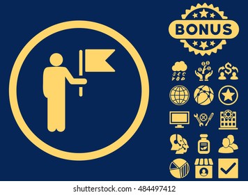 Commander icon with bonus pictogram. Vector illustration style is flat iconic symbols, yellow color, blue background.