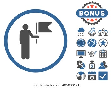 Commander icon with bonus pictogram. Vector illustration style is flat iconic bicolor symbols, cobalt and gray colors, white background.
