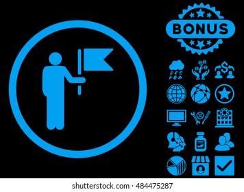 Commander icon with bonus symbols. Vector illustration style is flat iconic symbols, blue color, black background.