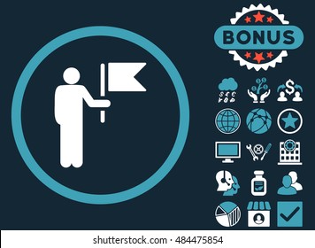 Commander icon with bonus symbols. Vector illustration style is flat iconic bicolor symbols, blue and white colors, dark blue background.