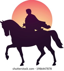 Commander Riding His Horse. Cavalry Silhouette Logo.