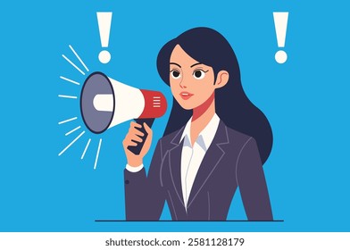 Commanding attention! Confident businesswoman using a megaphone with an exclamation point, delivering an important message or announcement.