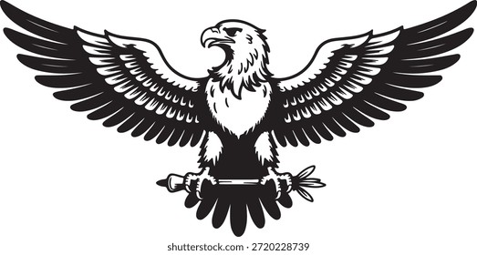 Una imponente ilustración en blanco y negro de un águila calva, alas extendidas, agarrando flechas simbólicas y una rama de olivo.