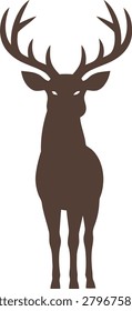 A commanding dark brown silhouette of a majestic stag facing forward, featuring large branching antlers