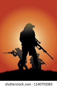 commando group of soldiers on sunset background vector silhouette