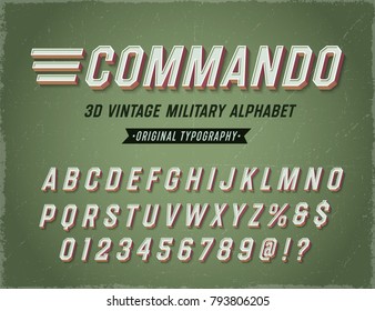 'Commando' Vintage Retro 3D Military Alphabet. Army Font. Original Athletic Department Typeface. Retro Typography. Vector Illustration.