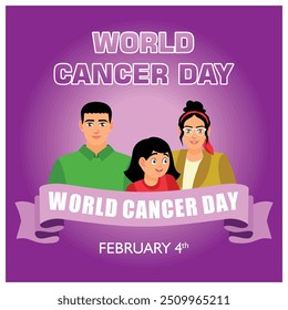 Conmemorar el día de la conciencia del cáncer con la familia. Día Mundial de Concienciación sobre el Cáncer, 4 de febrero. Concepto del Día Mundial contra el Cáncer. Ilustración vectorial plana.