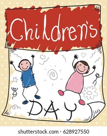 Commemorate design for Children's Day with loose-leaf calendar with a pair of kids in doodle style and other scribbles.