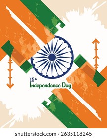 Commemorate Indian Independence Day (August 15) with this modern grunge poster. Features an abstract tricolor design (saffron, white, green) with the Ashoka Chakra, perfect for patriotic displays.