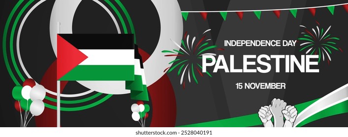 Commemorate Palestine independence day. Vibrant modern design for holiday celebration, poster, billboard, supporting Palestine. November 15. Happy Palestine National Day. Free Palestine