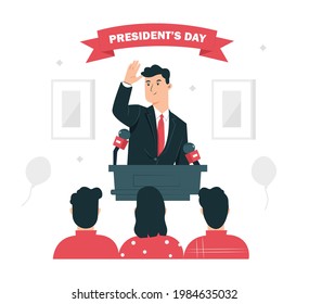 commemorate President's Day. the president is giving a speech on the podium seen by the audience
