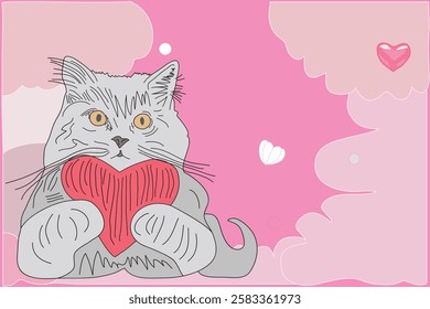 commemorate valentine's day with a cat holding a symbol of love or heart. Suitable for various needs on valentine's day.