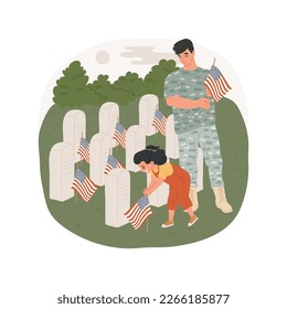 Commemorate veterans isolated cartoon vector illustration. Little girl with father honoring the military veterans, Remembrance day celebration, place flags on a gravestone vector cartoon.