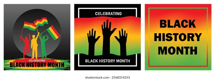 Commemorates black history month. Silhouette of hand on Pan-African flag colors background.Celebration of black history month in America. Black History Month concept. Set flat vector illustration.