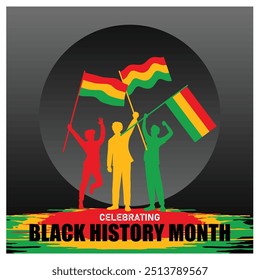 Commemorates black history month. Silhouettes of people holding flags with Pan-African colors. Black History Month concept. Flat vector illustration.