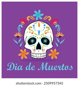 Comemora o dia dos mortos no México. Crânio pintado com decoração floral. Conceito de Dia dos Mortos. Ilustração de vetor plano.