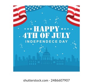 Commemorating America Independence Day. Flying streamers decorate the US city skyline. Independence Day USA concept. Flat vector illustration.