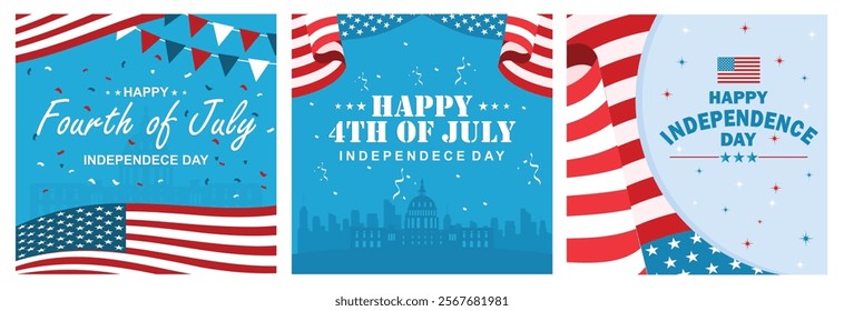 Commemorating American Independence Day falls on July 4th. American flags decorate US city skylines. American national holiday. US Independence Day concept. Set flat vector illustration.