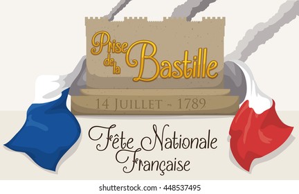 Commemorating banner for Bastille Day or French National Day, with scene of the Storming of the Bastille in France and flag around it.