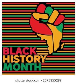 Commemorating Black History Month, featuring a raised fist symbol with African themed colors and bold typography, embodying culture, history, and empowerment. Flat vector modern illustration 