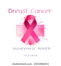 Commemorating breast cancer awareness month, October. Pink ribbon elements on a clean white background