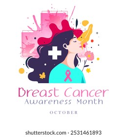 Commemorating breast cancer awareness month, October. Vector elements of women and health symbols as well as pink ribbons with flowers around them on a clean white background