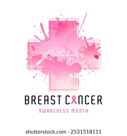 Commemorating breast cancer awareness month, October. Health symbol elements in ink splash style and breast cancer awareness symbol ribbon on clean white background