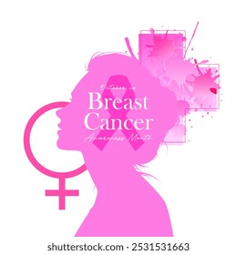 Commemorating breast cancer awareness month, October. Vector elements of women and health symbols as well as pink ribbons with flowers around them on a clean white background