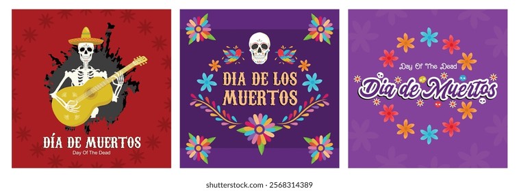 Commemorating the day of the dead in Mexico. Human skull painted with colorful flowers. Purple background with colorful flowers. Day of the Dead concept. Set flat vector illustration.