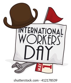 Commemorating elements of retro International Workers' Day: hat, red pennant, banner, loose-leaf calendar and wrench.