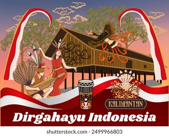 commemorating Indonesian Independence Day, August 17, this image is a version of Borneo(dayak)culture with their traditional and cultural clothing.also flying hornbill as a dayak heritage symbol.