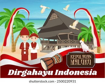 Esta Imagen, que conmemora el Día de la Independencia de Indonesia el 17 de agosto, es una versión de la cultura del archipiélago de las Molucas (ambonés) con su vestimenta tradicional y cultural.