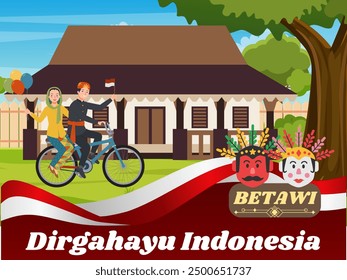 commemorating Indonesian Independence Day, August 17, this image is a version of Betawi culture with their traditional,house and cultural clothing.