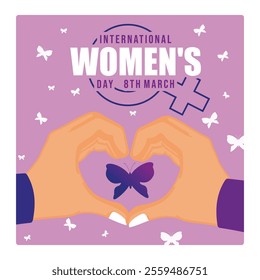 Commemorating International Women's Day, March 8. Female hands forming a heart with butterflies. Women's History Month concept. Flat vector illustration.