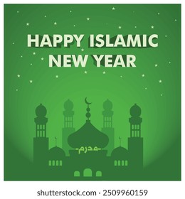 Commemorating the Islamic New Year. Mosque and stars on a green background. Happy New Hijri Year concept. Flat vector illustration.