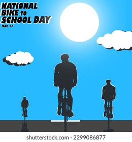 commemorating National Bike to School Day with 3 people cycling silhouettes on blue background – May 17th