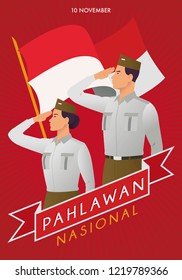Commemorating "Pahlawan Nasional". Indonesian National Heroes Day. Vector illustration of Younger man and woman salutes the Indonesian flag.