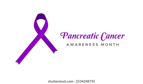 Commemorating pancreatic cancer awareness month. Prevention and treatment of pancreatic cancer. Purple ribbon elements on a clean white background