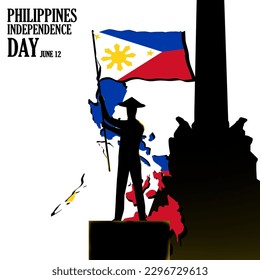 commemorating Philippine Independence Day, with objects of people holding Filipino flags and also the Jose Rizal Monument. on a white background