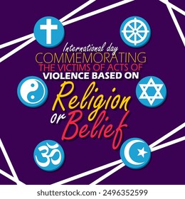 Commemorating the Victims of Acts of Violence Based on Religion or Belief event campaign banner. Religious symbols and texts on dark purple background to commemorate on August 22th