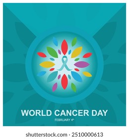 Conmemoración del Día Mundial contra el Cáncer, 4 de febrero. Sensibilizar sobre el cáncer y su prevención. Concepto del Día Mundial contra el Cáncer. Ilustración vectorial plana.