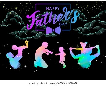 commemorating world father's day on November, 12th with a picture of a father playing, holding and hugging his child, with a black background and illustrations of clouds and stars