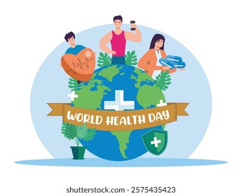 Commemorating World Health Day, it features the Earth and individuals who promote health, fitness and well being through active living and health care.  Flat vector modern illustration 