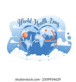 Commemorating World Health Day. Heart shaped globe with a stethoscope. World Health Day concept. Flat vector illustration.