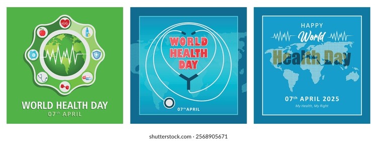 Commemorating World Health Day. World map with doctor stethoscope. My health is my right. World Health Day concept. Set flat vector illustration.